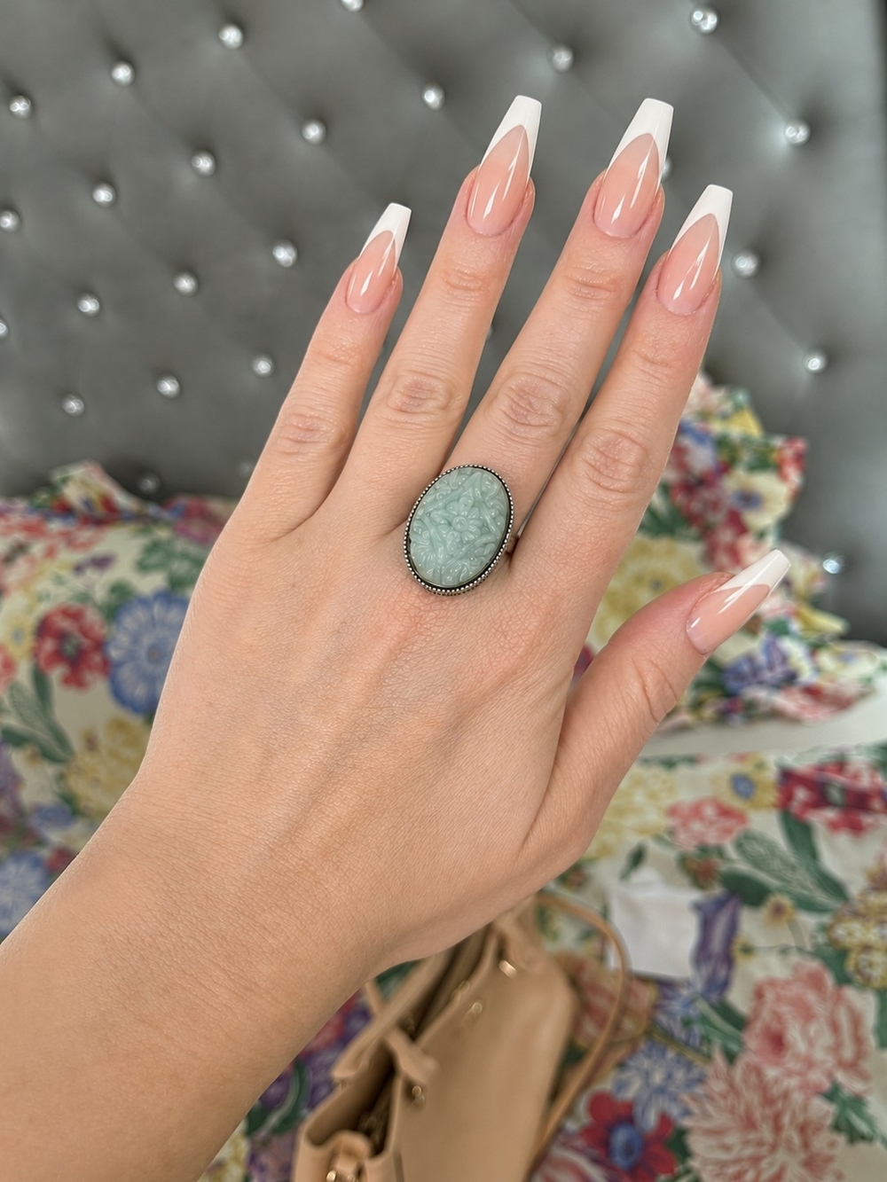 Vintage QVC 925 Sterling Silver Carved Chinese Jadeite Ring Size 8 Edwardian Sty